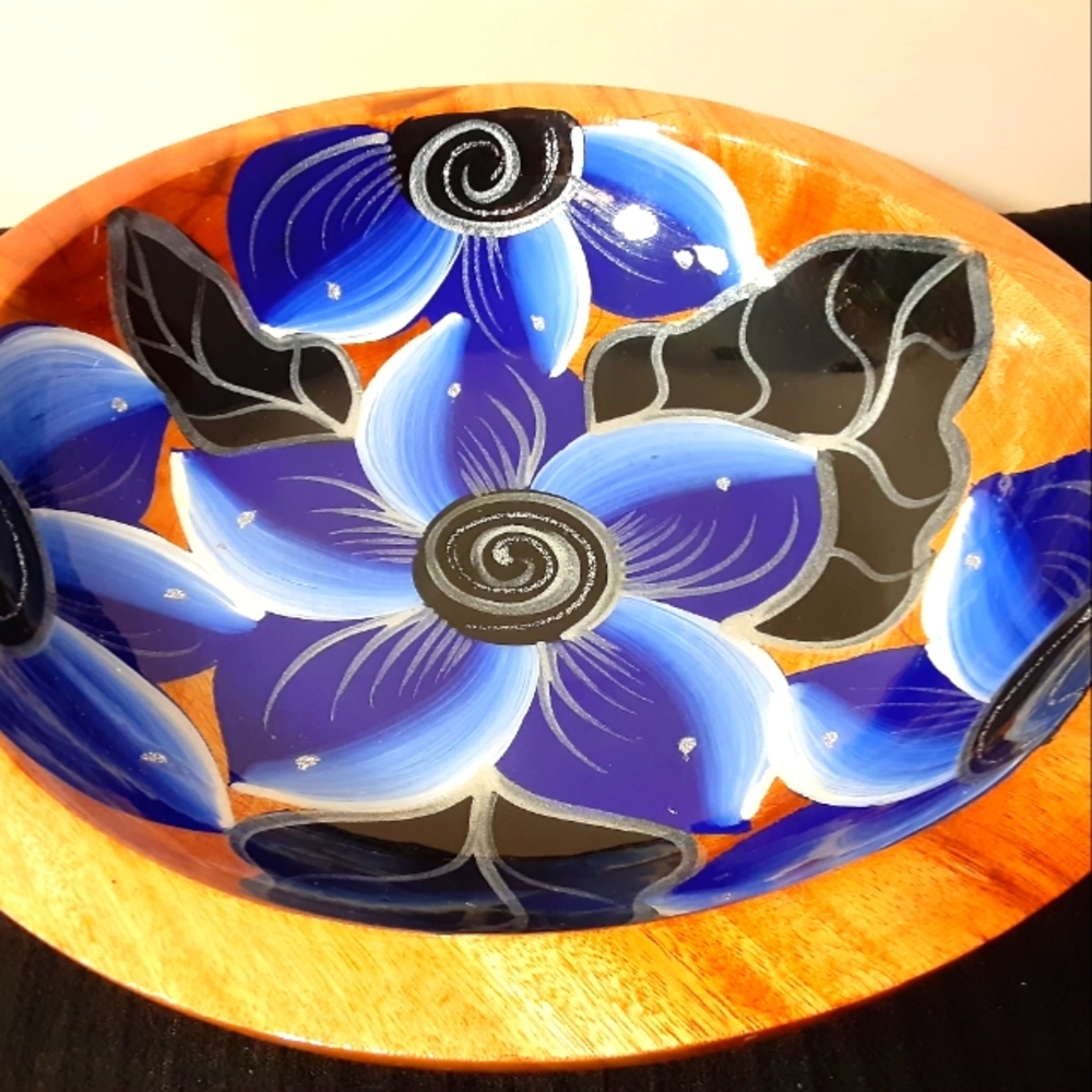 Handpainted wooden bowl with cobalt blue floral